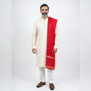 RUPEES Traditional Indian Men’s Off-White Kurta with Red & Gold Dupatta